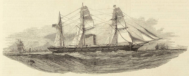 Einschnitte einer detaillierten Segelschiff mit geblähten Segeln und sonnenbeschienen Rumpf, das auf dem Meer segelt, mit anderen Schiffen im Hintergrund und Text unten.