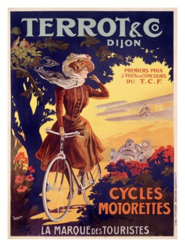 Ein Plakat, das eine Fahrradtour in Frankreich ankündigt, zeigt eine Frau auf einem Fahrrad umgeben von Bäumen, Blumen und anderen Menschen, mit Text zur Beschreibung der Tour.