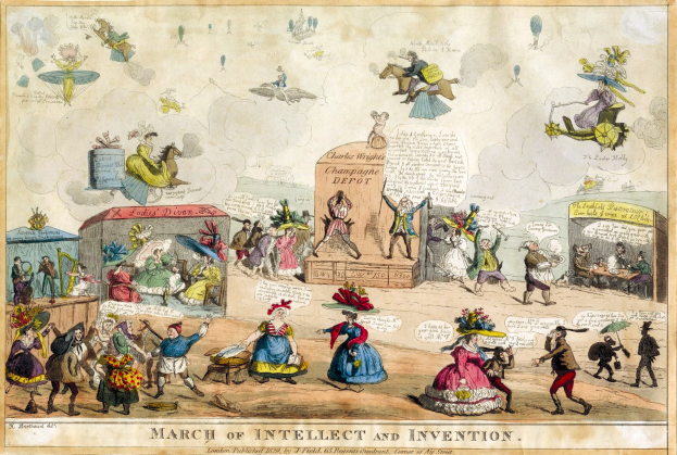 Ein Plakat, das eine Gruppe von Menschen zeigt, die sich lebhaft über Intellekt und Erfindung unterhalten, wobei einige gestikulieren und andere Gegenstände untersuchen, die sie halten, und eine fett gedruckte Textstelle, die die Bedeutung des Ereignisses betont.