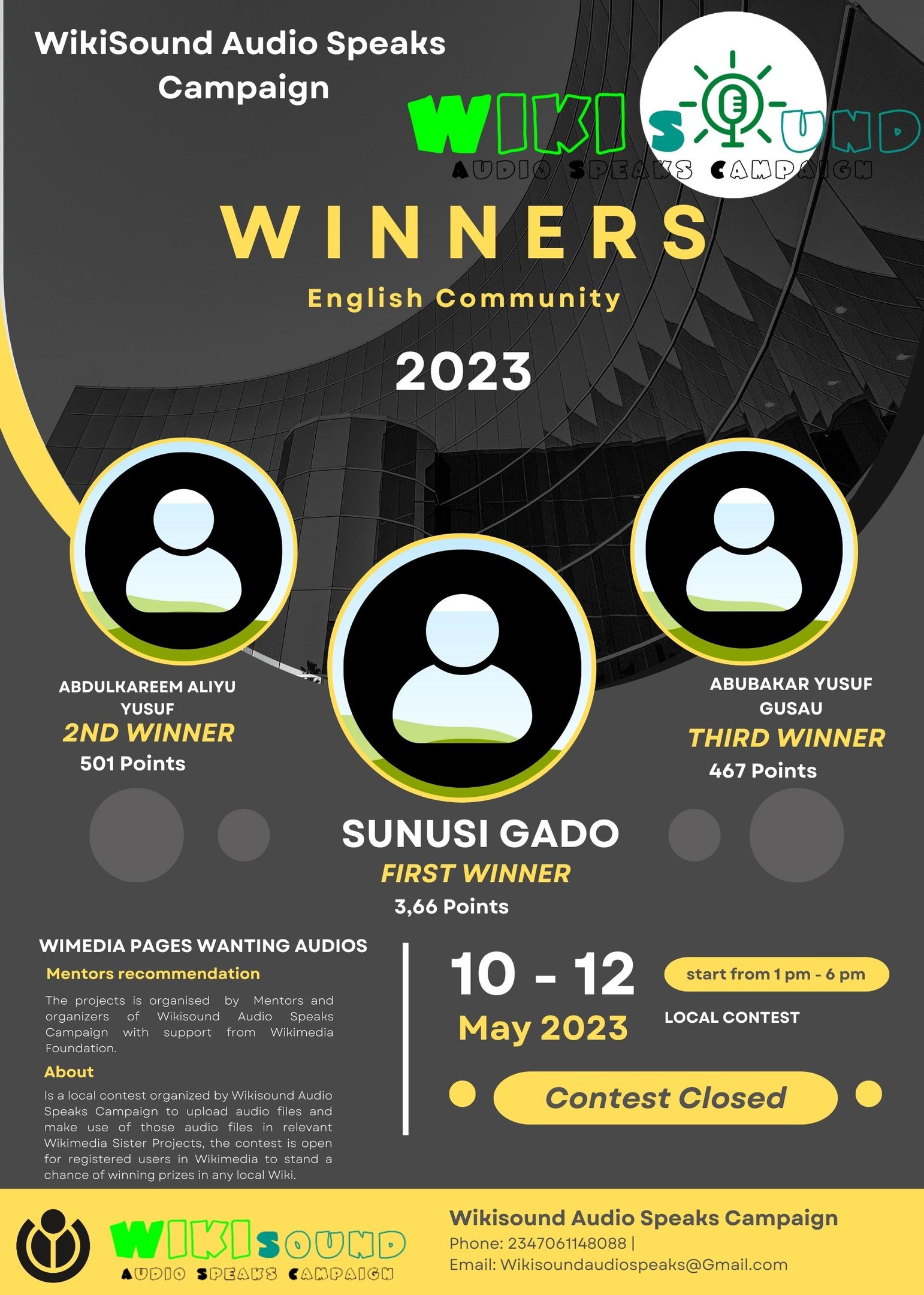 Buntes Plakat für die Wikisound Audio Spricht Kampagne mit blauem Hintergrund, gelben und weißen Text, der "Gewinner" in fetten Großbuchstaben lautet, und mehreren lächelnden Fotos von Menschen, die die Kampagnengewinner feiern.