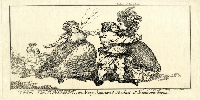 Ein Blatt mit einer Zeichnung von drei Frauen in Kleidern und einem Kind mit Hut, mit der Aufschrift "The Devonshire, or Most Approved Method of Securing Votes".