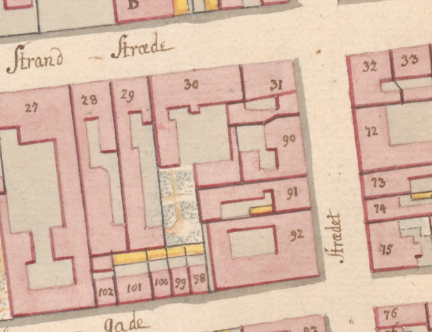 Detailierter alter Stadtplan mit zahlreichen Gebäuden, wahrscheinlich ein Plan von Strand, Deutschland, zeigt Straßen, Strukturen und andere Merkmale.