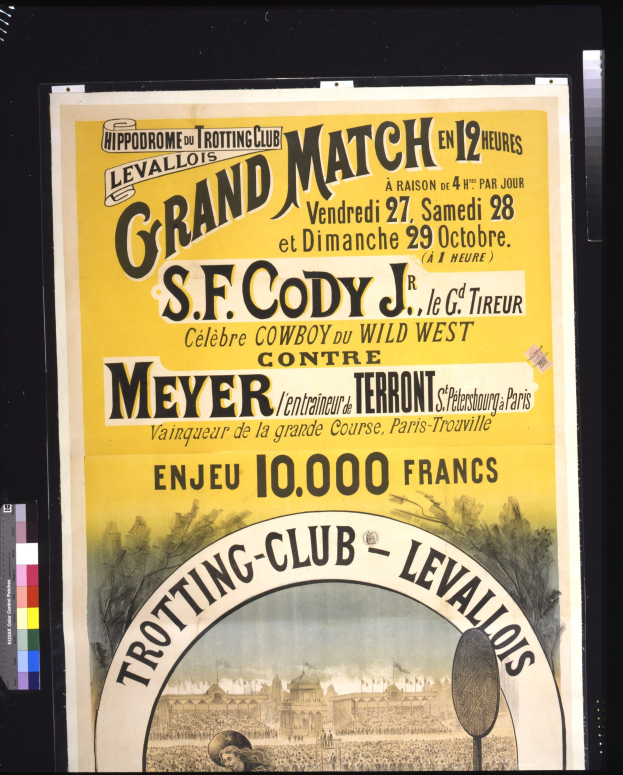 Alte Ankündigung eines großen Matches zwischen S.F. Cody und Meyer mit Textbeschreibung des Ereignisses
