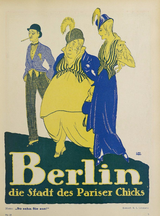 Plakat für ein Konzert in Berlin, Deutschland, mit einer Gruppe farbenfroher Menschen vor einem Gebäude mit der Aufschrift "Berlin - Die Stadt des Pariser Chicks" oben.