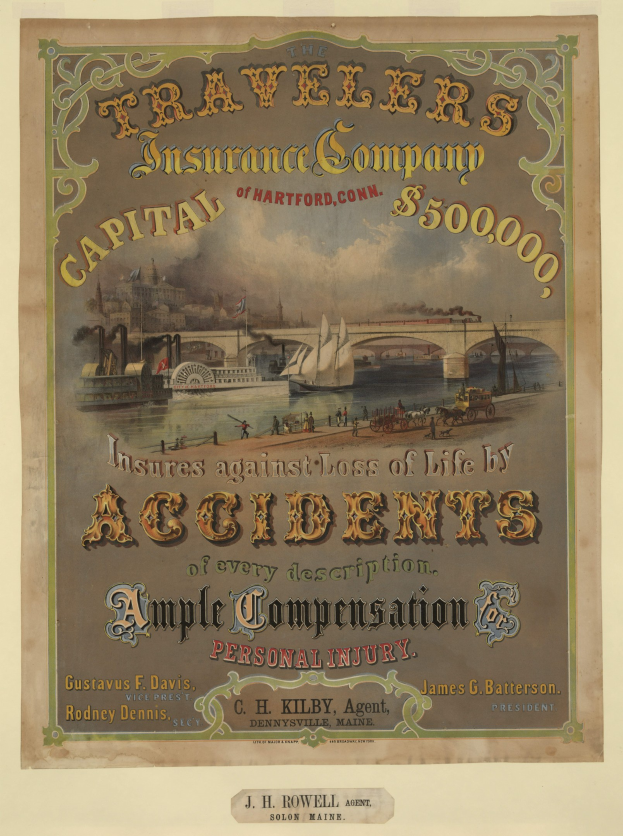 Werbeplakat für die Traveler's Insurance Company of Hartford, Conn., mit Booten, einer Brücke und Gebäuden, das Reiseversicherungsdienstleistungen anbietet.