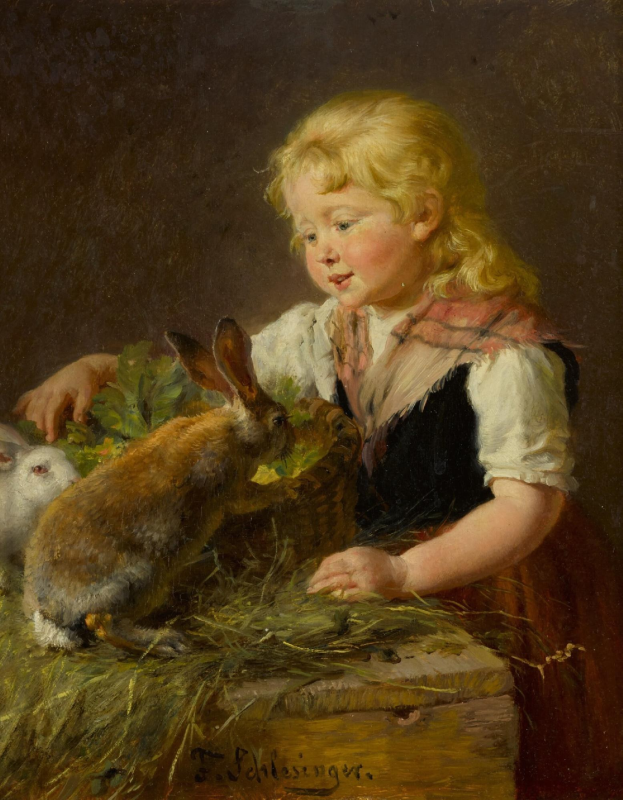 Gemälde namens 'Osterhase' von Thomas Schlesinger, das ein kleines Mädchen mit zwei Hasen in einem Korb zeigt, umgeben von grünem Gras und Blättern.