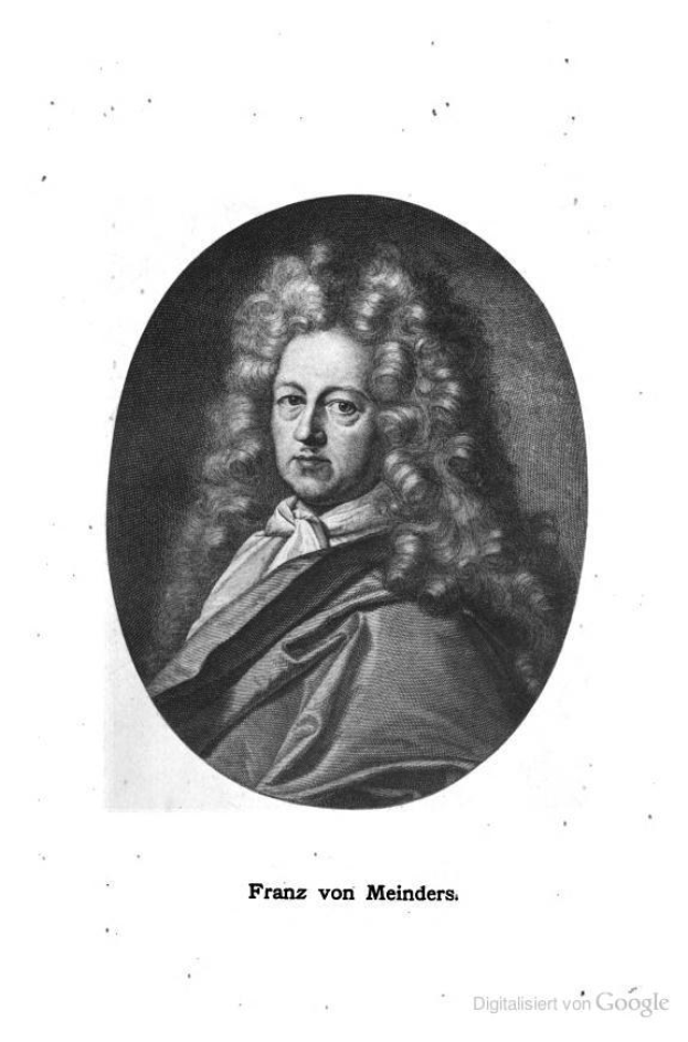 Schwarz-weiß-Porträt von Franz von Meinders, einem deutschen Komponisten mit langen Locken, und deutscher Text unten.