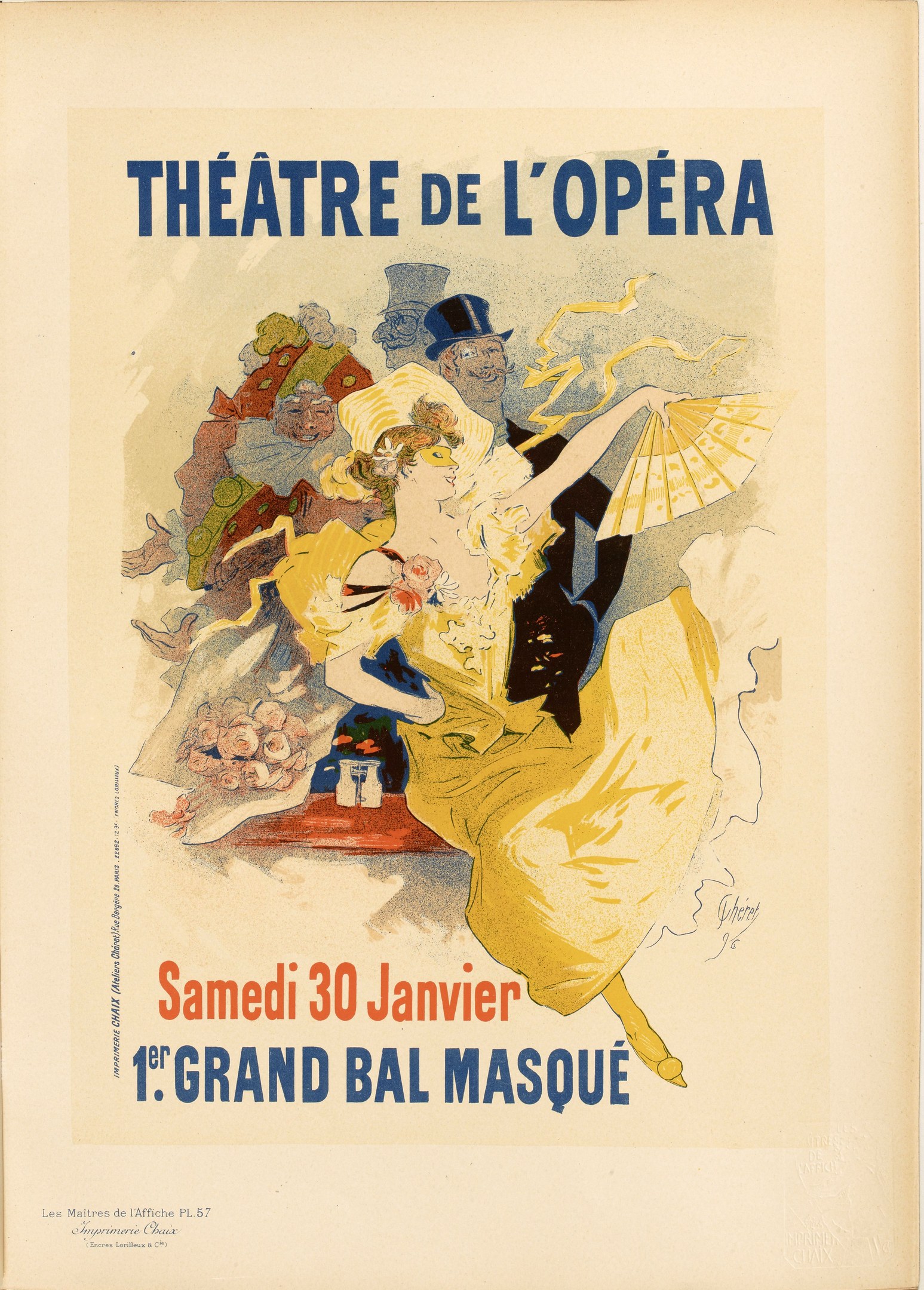 Plakat für das Théâtre de l'Opéra in Paris mit einer Frau in einem weißen Kleid mit einem blauen Schultertuch, ihre Haare zu einem Dutt gebunden, vor einem tiefblauen Hintergrund mit Sternen und schwarzer Schrift, die 'Theater der Oper' lautet.