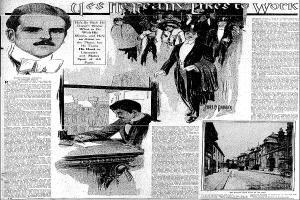 Ein Schwarz-Weiß-Bild eines Mannes im Anzug und Schlips, umgeben von Fotos von Menschen, Gebäuden und Texten, aus der New York Daily News vom 1. Oktober 1894.