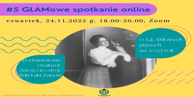 Ein Plakat mit einer selbstbewussten Frau in stylischer Kleidung und der fetten Schrift "5 glamowe spotkanie online".
