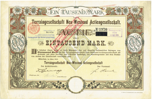 Ein altes deutsches Aktienzertifikat mit einem roten Stempel, das Texte und Designs im klassischen Stil zeigt.