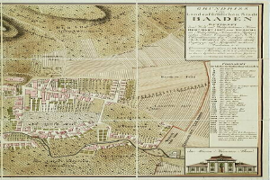 Ein detailliertes altes Stadtplan von Baden-Württemberg, Deutschland, das Straßen, Gebäude und Sehenswürdigkeiten zeigt, mit Text, der Stadtinformationen und ein Gebäude in der rechten unteren Ecke bereitstellt.