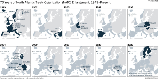Eine Zeitleiste, die die NATO-Erweiterung von 1949 bis heute zeigt, mit Regionen, die farblich nach dem Jahr der Mitgliedschaft unterteilt sind.