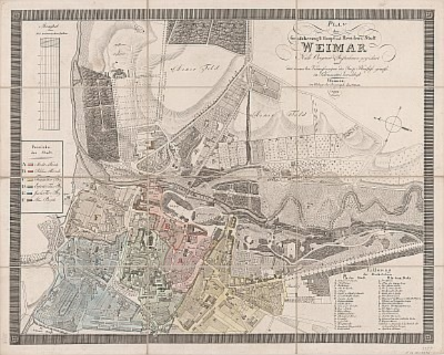 Detailierte alte Karte von Weimar, Deutschland, mit Straßen, Gebäuden und Sehenswürdigkeiten mit beschreibendem Text.