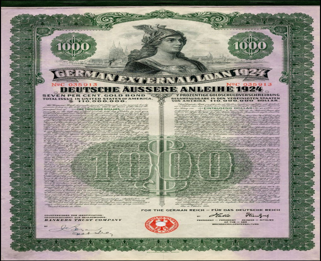 Deutsches Auslandsanleihe-Zertifikat aus dem Jahr 1924 mit Abbildung einer Frau und bedrucktem Text sowie numerischen Denominationen.