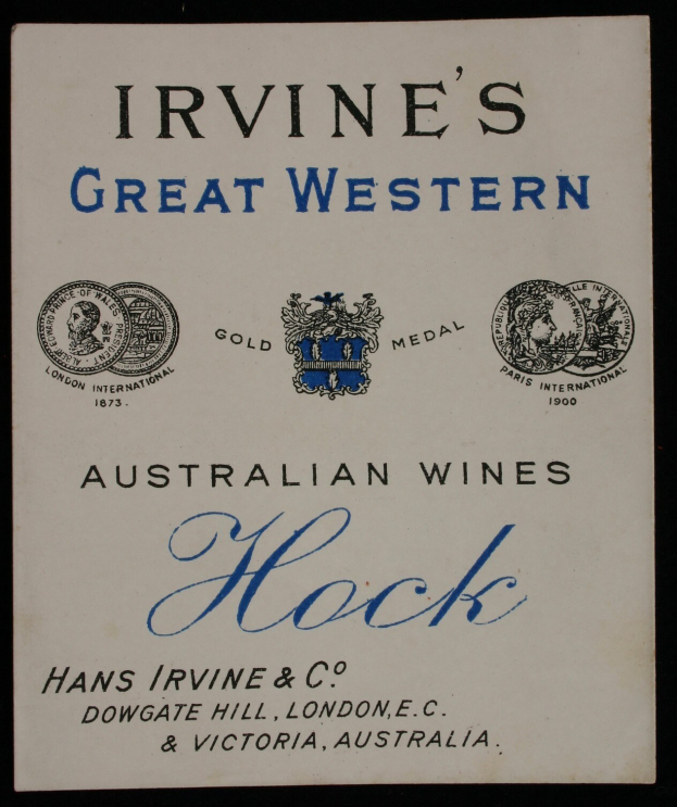 Plakat, das Irvines großartige westaustralische Weine bewirbt, mit dem Namen und Logo des Unternehmens.