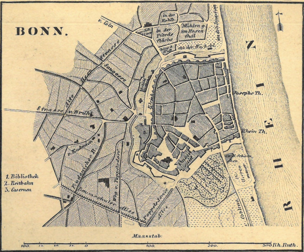 Detailierte alte Karte von Bonn, Deutschland, zeigt Straßen, Gebäude und Sehenswürdigkeiten mit sichtbarem Text.