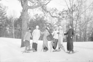Sechs Frauen auf Snowboards, mit einem bewaldeten Hintergrund.