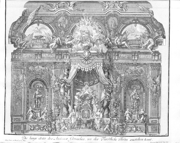Schwarzes und weißes Zeichnung eines prunkvollen Altars mit detaillierten Schnitzereien und Skulpturen, der eine königliche und majestätische Gestaltung aufweist.