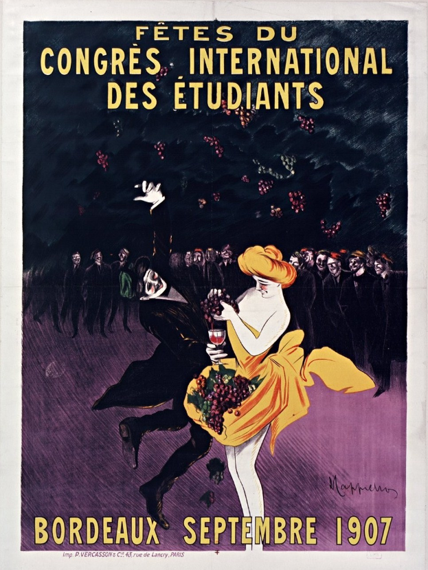 Plakat für eine Weinprobe im Jahr 1907 in Bordeaux, Frankreich, mit einer Frau in gelbem Kleid, die ein Weinglas hält, umgeben von einer Menge, mit Ereignisdetails im Text.