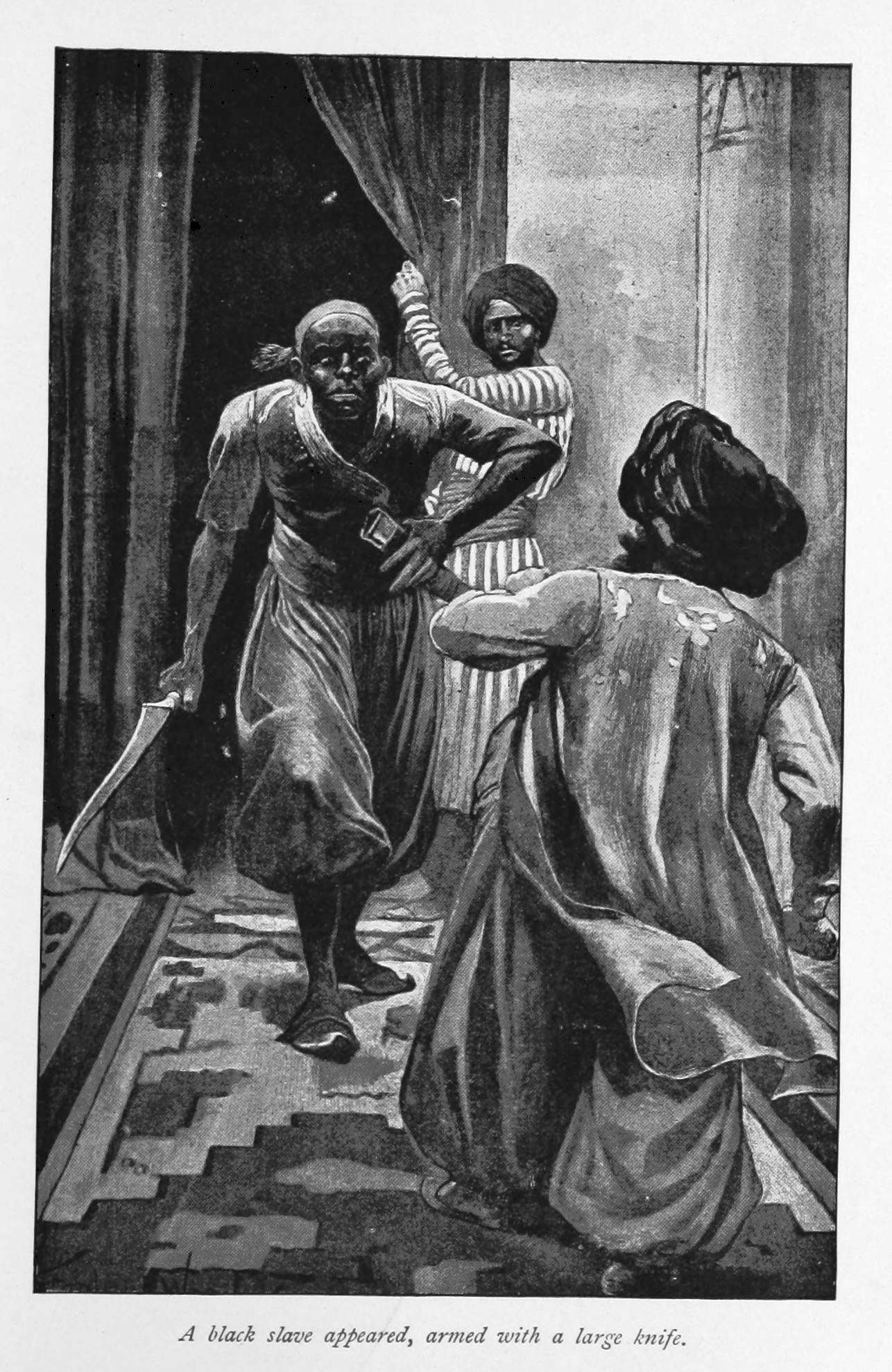 Ein schwarzer Mann wird von einem anderen Mann mit einem großen Messer angegriffen, während zwei andere Personen in der Nähe stehen, vor einem Hintergrund aus Vorhängen und einer Wand, mit Text am unteren Rand des Schwarz-Weiß-Bildes.