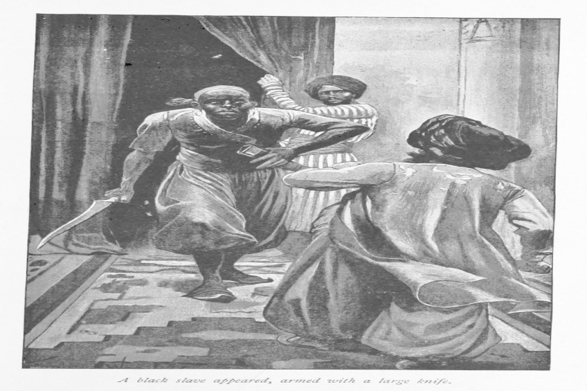 Ein schwarzer Mann wird von einem anderen Mann mit einem großen Messer angegriffen, während zwei andere Personen in der Nähe stehen, vor einem Hintergrund aus Vorhängen und einer Wand, mit Text am unteren Rand des Schwarz-Weiß-Bildes.