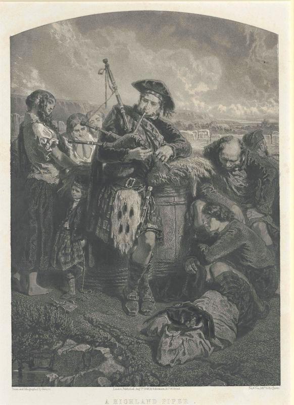 Schwarze und weiße Gravur eines Mannes, der vor einem Publikum eine Dudelsackpfeife spielt, unter einem bewölkten Himmel, mit der Aufschrift "Ein Highland-Pfeifer" unten.