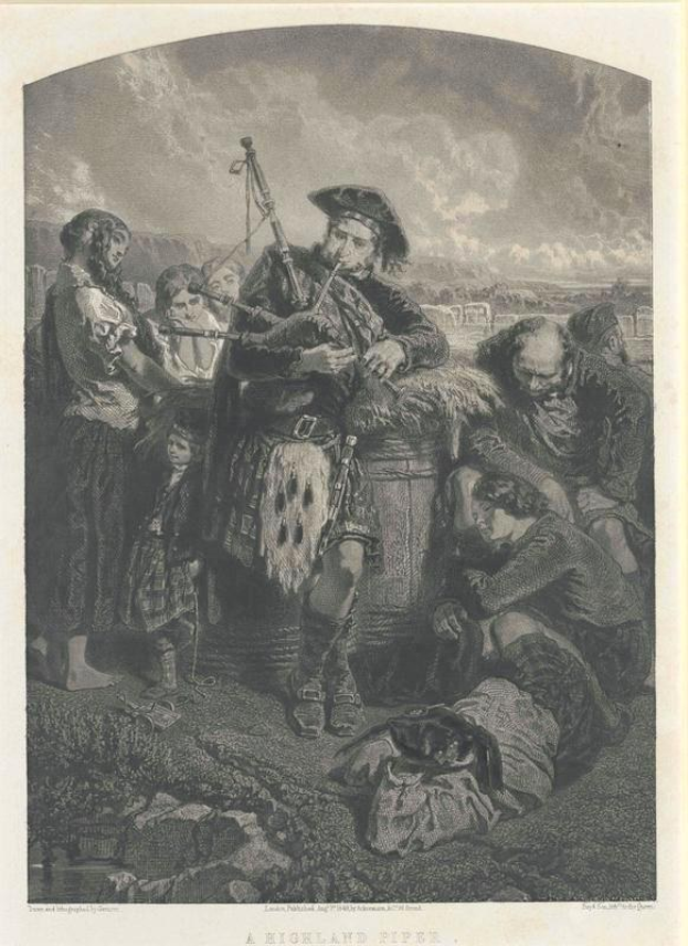Schwarze und weiße Gravur eines Mannes, der vor einem Publikum eine Dudelsackpfeife spielt, unter einem bewölkten Himmel, mit der Aufschrift "Ein Highland-Pfeifer" unten.