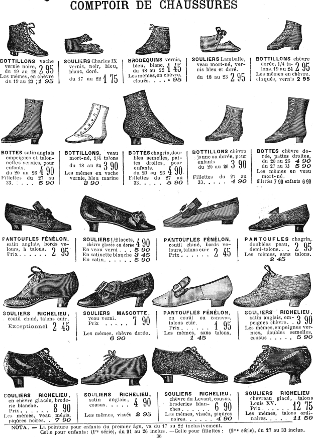 Eine Seite aus einem Buch, die verschiedene Damenschuhe mit einzigartigen Designs, Preisschildern und Details zur Größe, Form und Farbe zeigt, die ordentlich angeordnet sind.