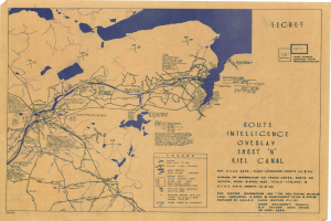 Eine detaillierte Karte der Nord-Ostsee-Kanal-Route mit Intelligence-Overlay-Blatt 'n', die Straßen, Flüsse und geografische Merkmale zeigt, mit begleitendem Text zur Länge, Breite und Tiefe des Kanals.