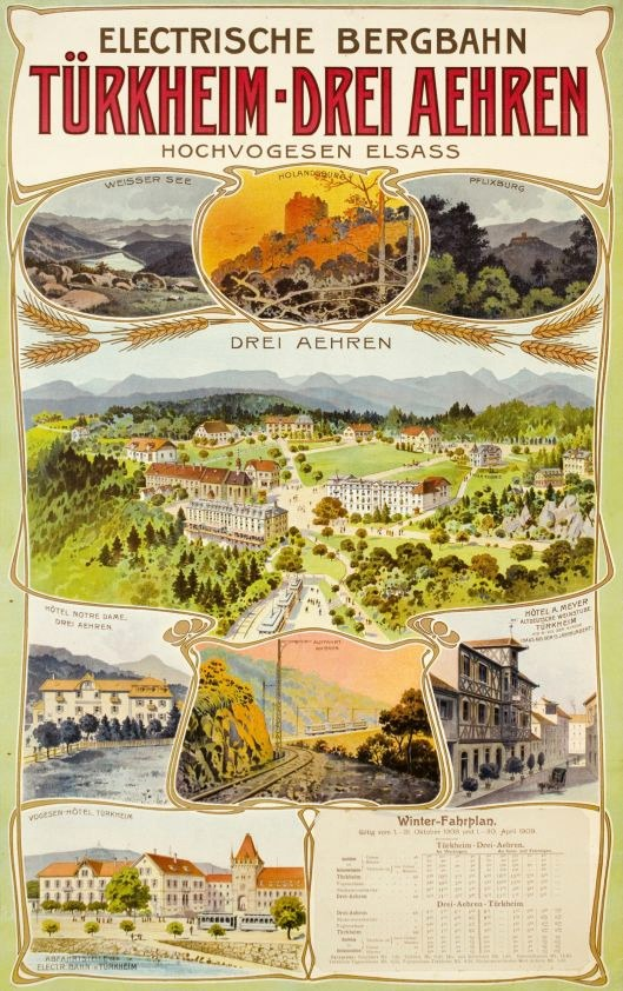 Plakat für Bergbahn, Deutschland, mit Gebäuden, Bäumen, Hügeln und beschreibendem Text.