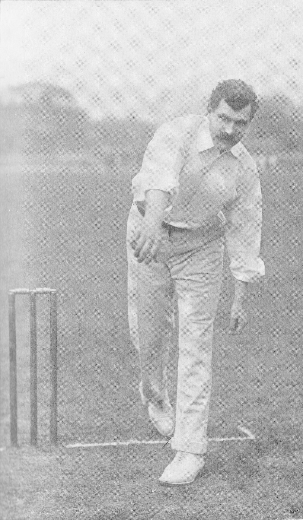 Ein Mann in weißem Hemd und Hose spielt Cricket mit Wickets auf dem Boden, Bäumen und Himmel im Hintergrund und dem Text "Cricket-Spieler des Jahres" unten.