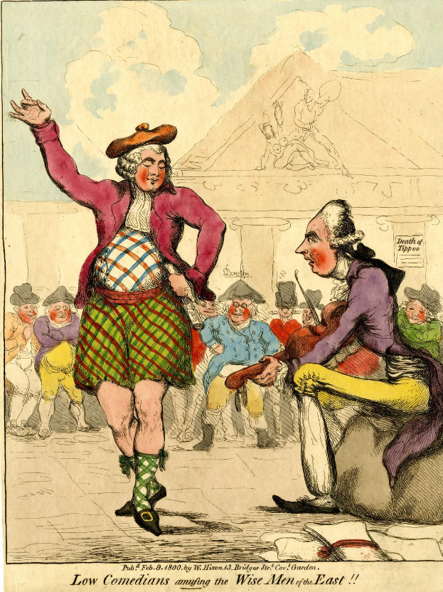 Cartoon-Illustration eines Mannes in einem Kilt und einer Frau in einem Kleid, die vor einem Publikum auf einer Bühne stehen, mit einem Gebäude im Hintergrund und Wolken am Himmel, mit der Beschriftung 'Niedrige Komiker amüsieren die weisen Männer des Ostens' unten.