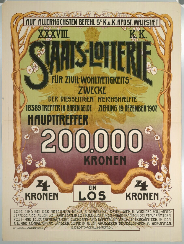 Ein Plakat an einer Gebäudewand, das eine Lotterie mit Text, Zahlen und einem großen Bild von Geld bewirbt.