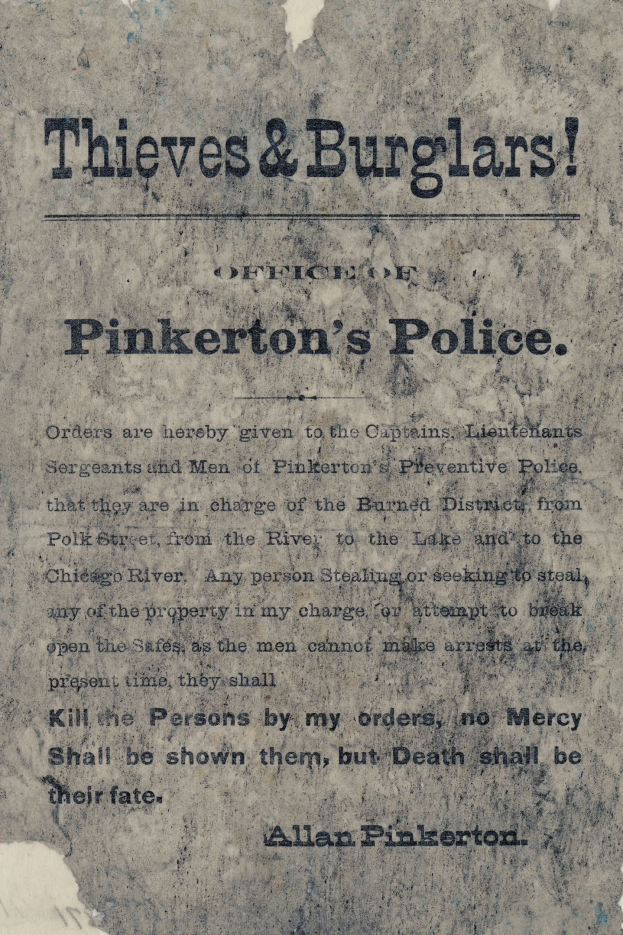 Plakat mit fetter schwarzer Schrift "Diebe & Einbrecher Pinkerton's Police" in der Mitte auf einem weißen Hintergrund eingerahmt von einem schmalen schwarzen Rand.