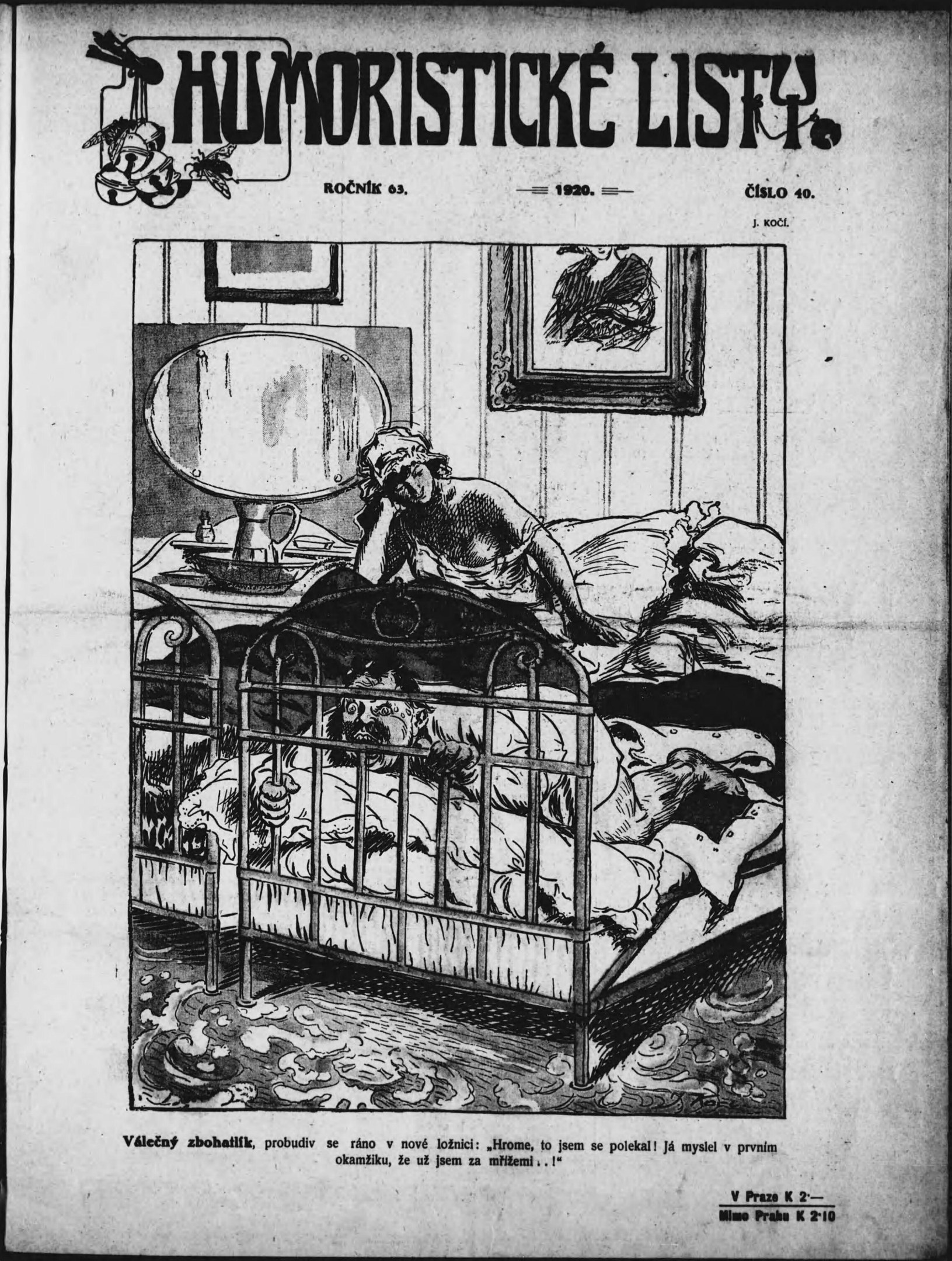 Schwarze und weiße Illustration einer Person, die auf einem Bett liegt, mit einem Spiegel auf dem Nachttisch und einem gerahmten Bild an der Wand, begleitet von tschechischem Text vom 20. April 1920.