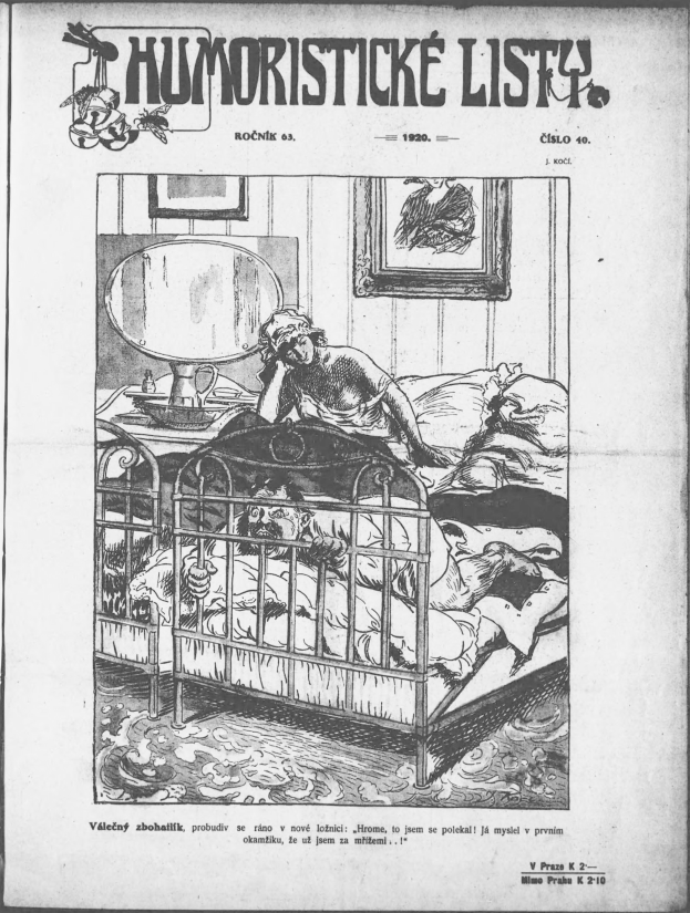 Schwarze und weiße Illustration einer Person, die auf einem Bett liegt, mit einem Spiegel auf dem Nachttisch und einem gerahmten Bild an der Wand, begleitet von tschechischem Text vom 20. April 1920.