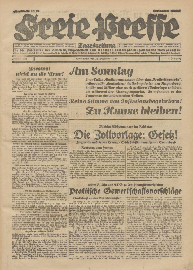 Schwarze und weiße Titelseite einer alten deutschen Zeitung mit dem Bild eines ernst aussehenden Mannes