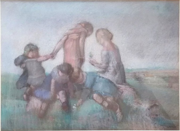 Malerei von Kindern, die auf einem Feld spielen, gerahmt, mit leuchtenden, fröhlichen Farben und spielerischen Ausdrucksweisen.