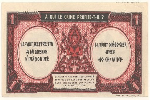 Alte französische Banknote mit ernst dreinschauendem Mann in Anzug vor weißem Hintergrund mit schwarzem Rand, mit Text "A qui le crime profite-il?".