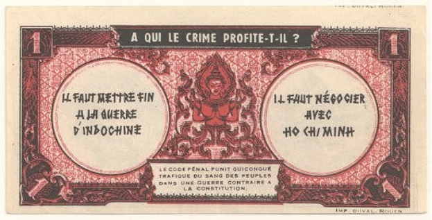 Alte französische Banknote mit ernst dreinschauendem Mann in Anzug vor weißem Hintergrund mit schwarzem Rand, mit Text "A qui le crime profite-il?".