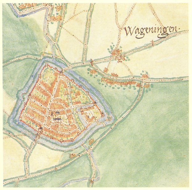 Detailierte Stadtplan-Karte von Wageningen, Deutschland, mit Straßen, Gebäuden und Sehenswürdigkeiten sowie zusätzlichen Textinformationen.
