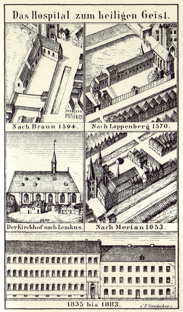 Eine detaillierte Poster-Illustration eines deutschen Krankenhauskomplexes mit beschrifteten Gebäuden, Fenstern, Türen und Balkonen, begleitet von informativem Text.