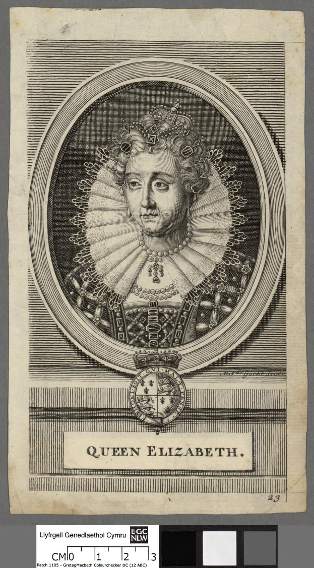 Porträt der Queen Elizabeth I. von England in königlicher Kleidung mit einer Krone und Tiara, grauer Hintergrund, feine Gesichtszüge und würdevoller Ausdruck.