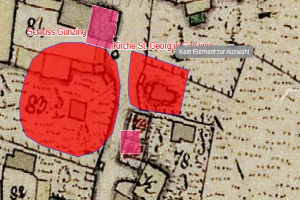Karte einer Stadt mit einem roten Hakenkreuz in der Mitte, umgeben von Text und Zahlen.