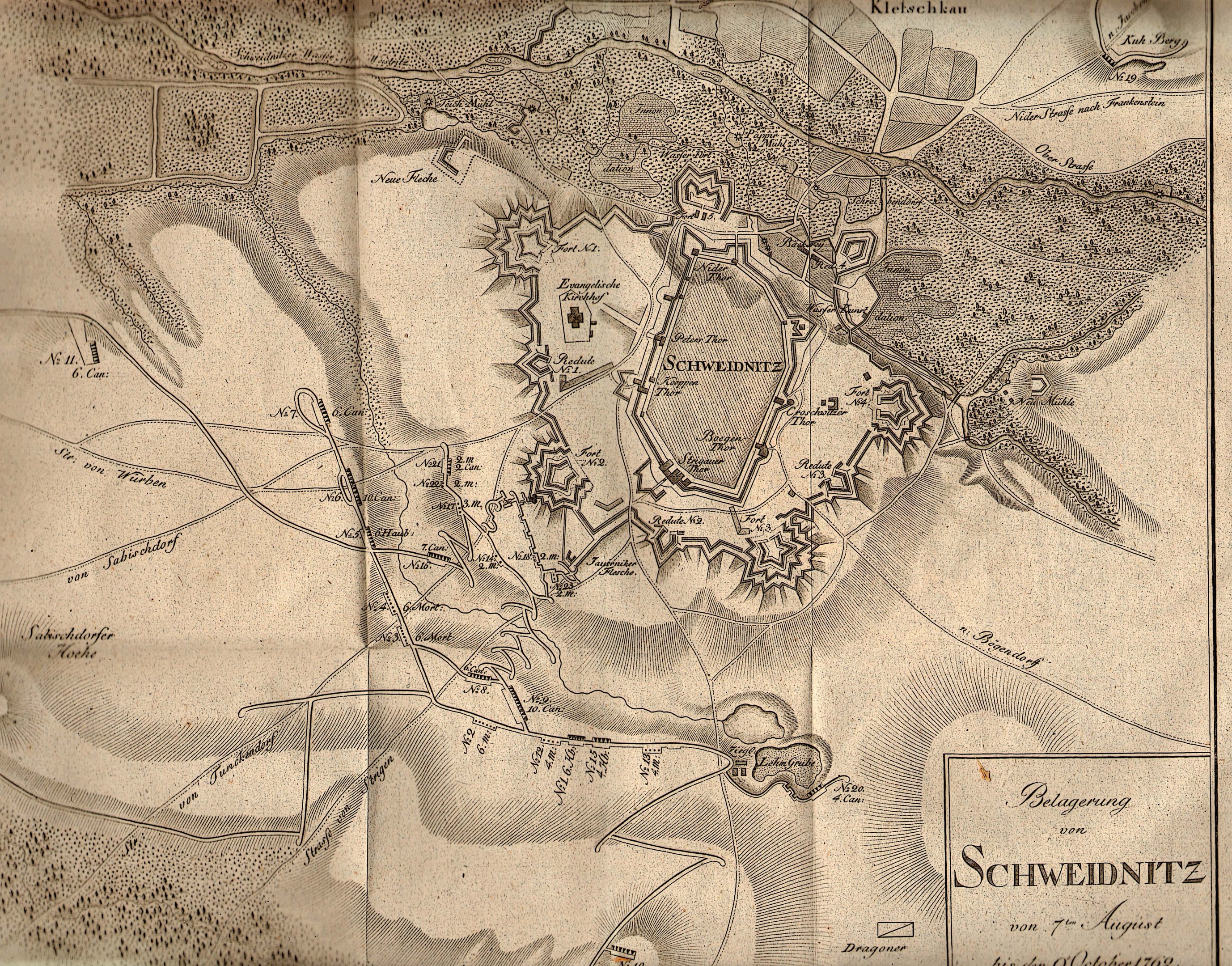 Alte detaillierte Karte von Schweidnitz, Deutschland, die Straßen, Gebäude und Sehenswürdigkeiten zeigt, mit zusätzlichem Text über die Bevölkerung, Geschichte und Kultur der Stadt.