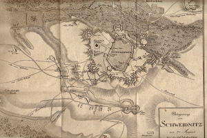 Alte detaillierte Karte von Schweidnitz, Deutschland, die Straßen, Gebäude und Sehenswürdigkeiten zeigt, mit zusätzlichem Text über die Bevölkerung, Geschichte und Kultur der Stadt.