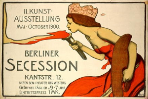 Plakat der Berliner Secession von 1900 mit einer Frau in rotem Kleid, die ein Objekt hält, und Text mit Veranstaltungdetails