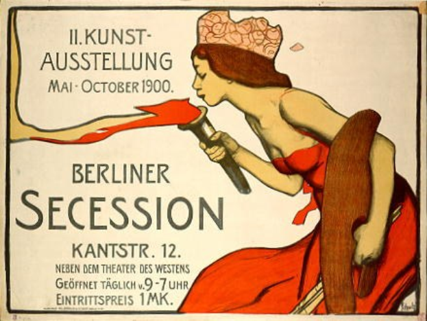 Plakat der Berliner Secession von 1900 mit einer Frau in rotem Kleid, die ein Objekt hält, und Text mit Veranstaltungdetails