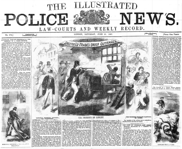 Schwarze und weiße Titelseite der Illustrated Police News von 1867, die eine zentrale Illustration einer Gruppe von Menschen zeigt, mit dem Text "Police News" und einem Logo oben.